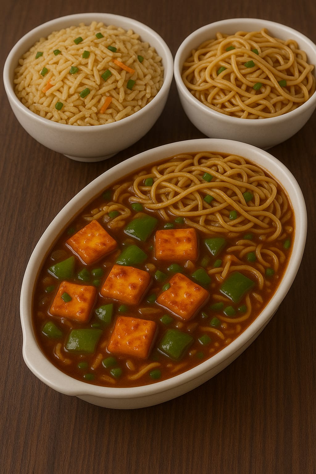 Chilly Paneer Gravy With Fried Rice/Noodles