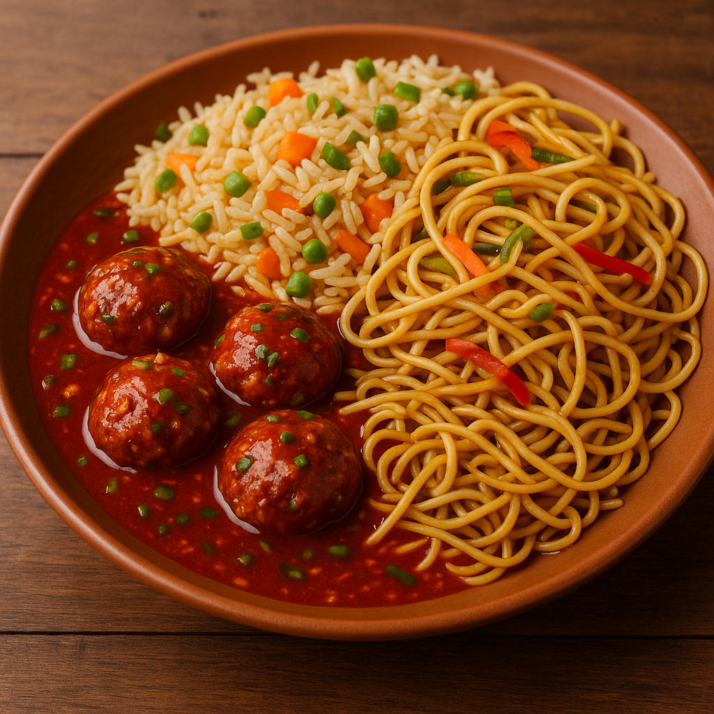 Manchurian Balls In Schezuan Gravy With Fried Rice / Noodles